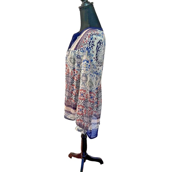 DR2 Daniel Rainn Top Womens Medium Floral Boho Peasant Roll Tab Flowy Blouse - Picture 6 of 10